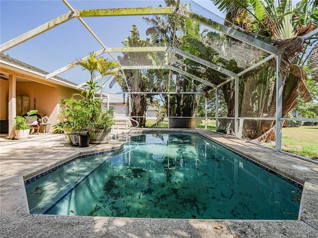 pool featuring glass enclosure and a patio