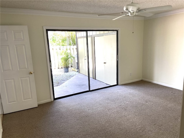 interior space with ornamental molding, access to outside, ceiling fan, light carpet, and a textured ceiling