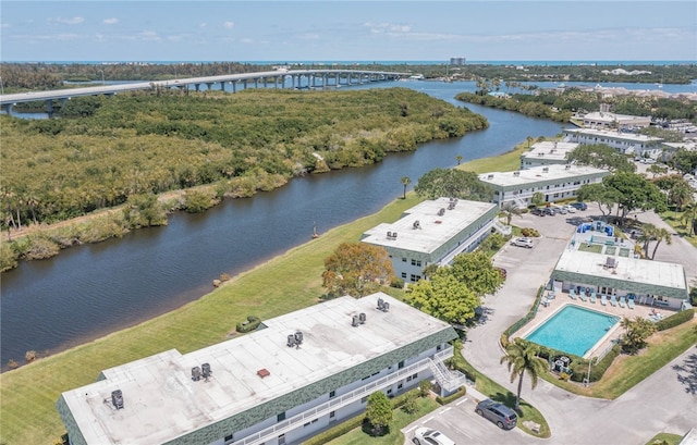 aerial view featuring a water view