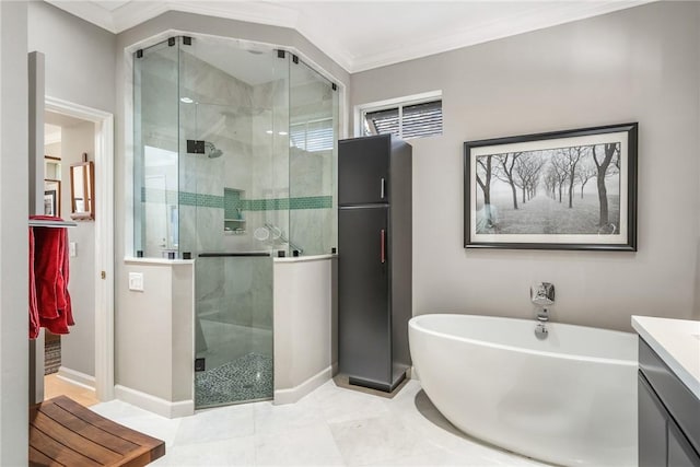 bathroom with tile patterned flooring, vanity, separate shower and tub, and crown molding