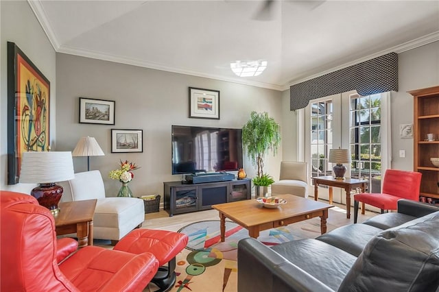 living room with french doors and ornamental molding