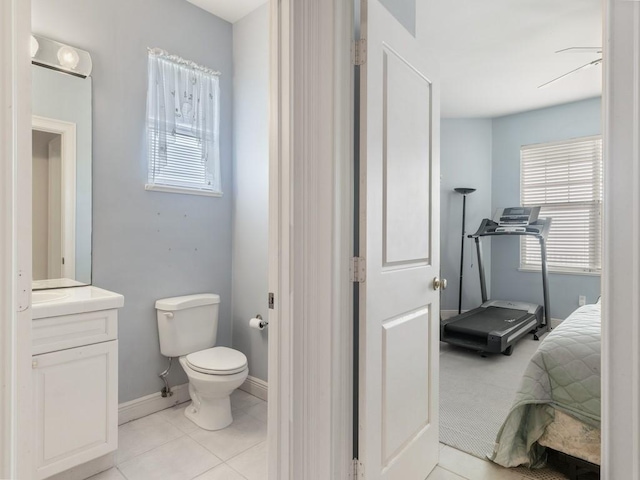 bathroom featuring tile patterned floors, ceiling fan, vanity, and toilet