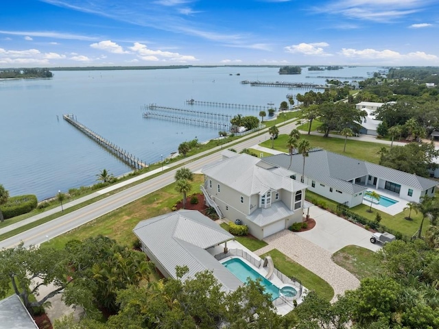 drone / aerial view featuring a water view