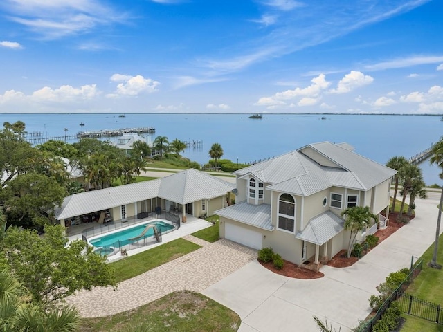 aerial view featuring a water view