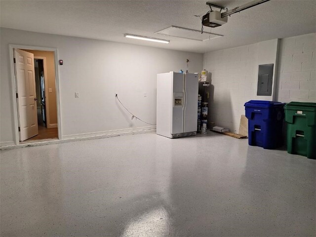 1590 Polynesian Ln, Sebastian, FL 32958 - garage featuring white refrigerator with ice dispenser, electric panel, a garage door opener, and concrete block wall