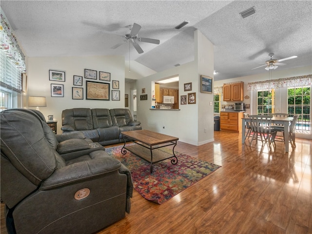 living room with lofted ceiling, a textured ceiling, and light hardwood / wood-style floors