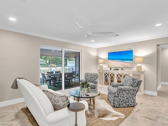 living room with crown molding, ceiling fan, and light parquet floors