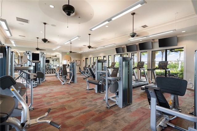 workout area featuring carpet floors, recessed lighting, visible vents, and a ceiling fan