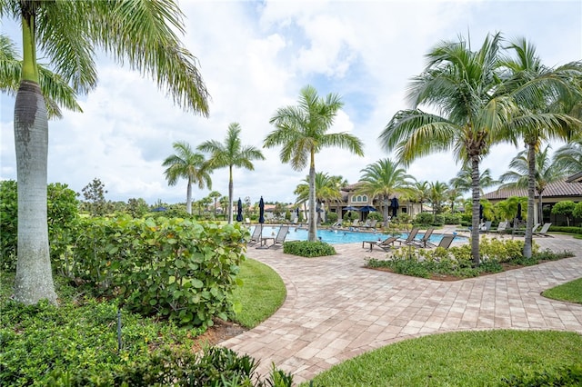 community pool with a patio area