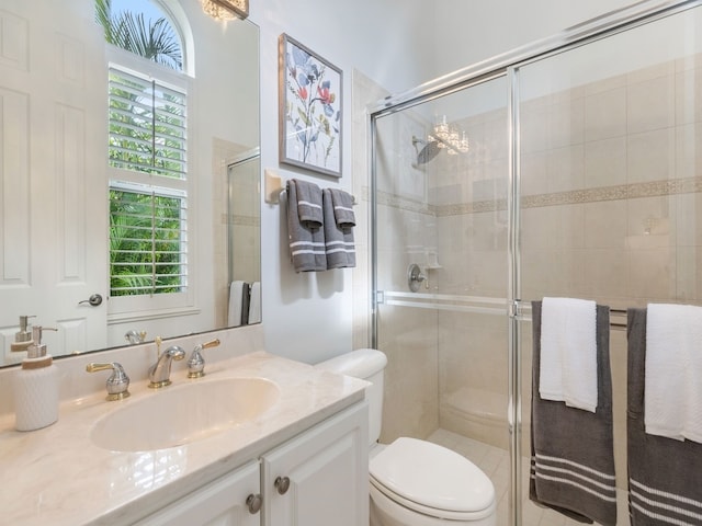 bathroom featuring toilet, vanity, and a shower with shower door