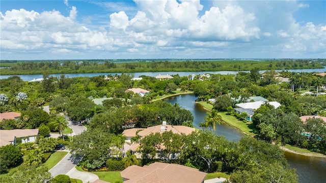 aerial view featuring a water view