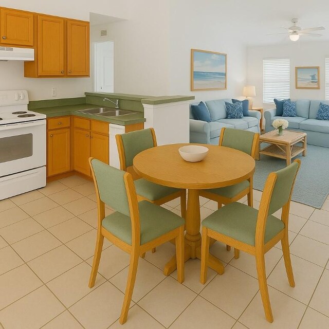 2500 89th Ave, Vero Beach, FL 32966 - kitchen with white appliances, a sink, light tile patterned floors, under cabinet range hood, and open floor plan