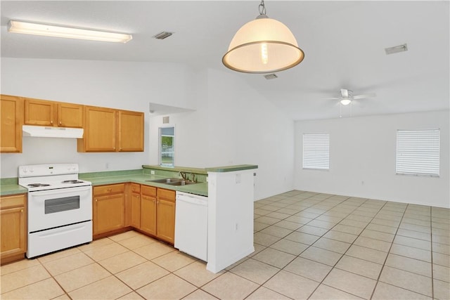2500 89th Ave, Vero Beach, FL 32966 - kitchen featuring white appliances, under cabinet range hood, a sink, light tile patterned flooring, and a peninsula