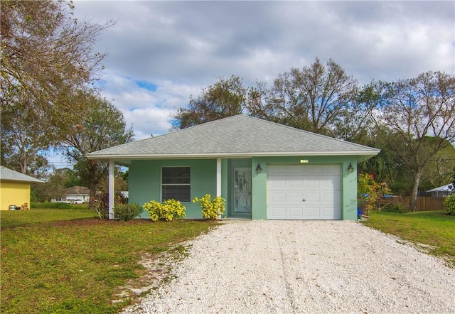 2500 89th Ave, Vero Beach, FL 32966 - single story home with gravel driveway, an attached garage, a front lawn, stucco siding, and a porch