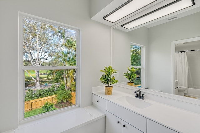 bathroom featuring vanity and a shower with shower curtain