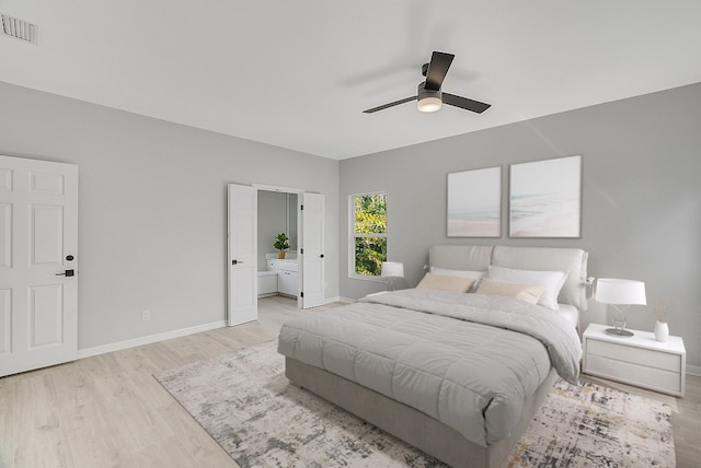 bedroom featuring ceiling fan and light hardwood / wood-style flooring