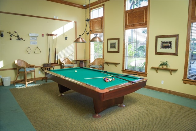 rec room with plenty of natural light, carpet flooring, pool table, and ornamental molding