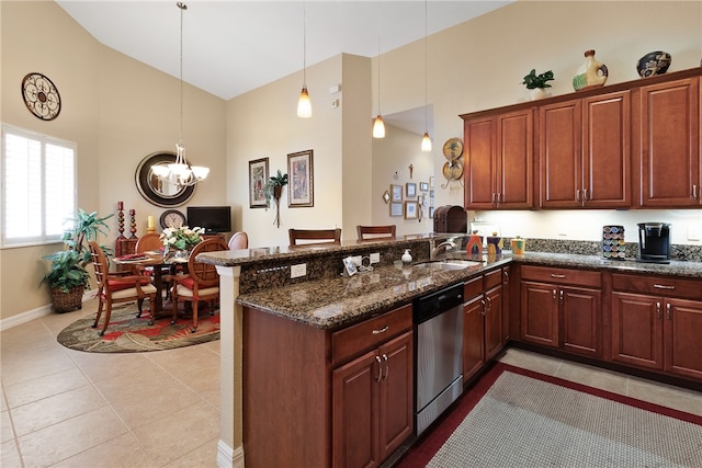 kitchen featuring light tile patterned flooring, hanging light fixtures, sink, dishwasher, and kitchen peninsula