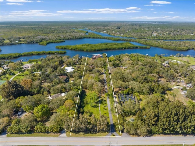 aerial view featuring a water view and a view of trees