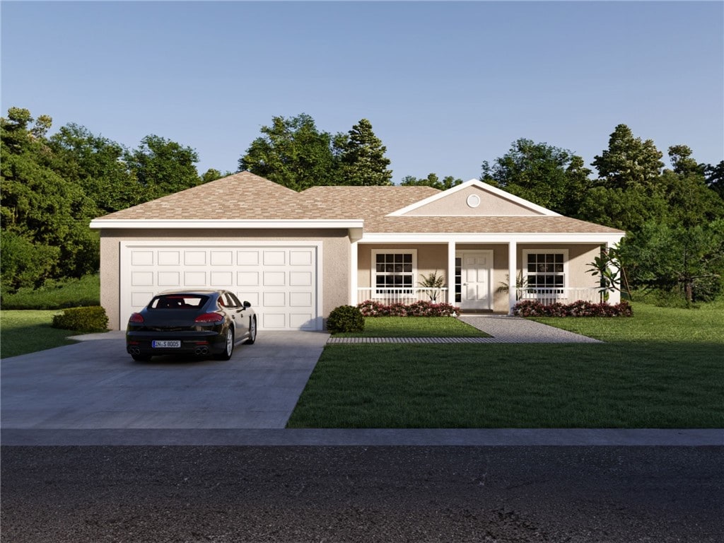 single story home with covered porch, a front yard, and a garage