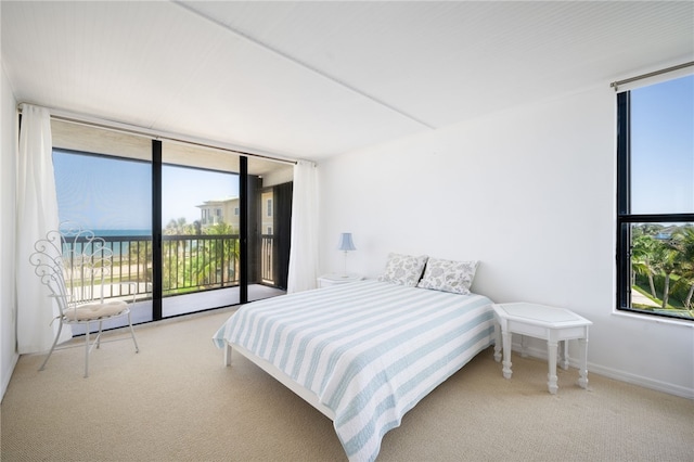 carpeted bedroom featuring access to exterior, a water view, and floor to ceiling windows