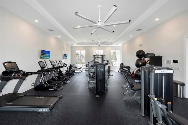 9378 Orchid Cove Cir, Vero Beach, FL 32963 - exercise room with recessed lighting, visible vents, ceiling fan, and a tray ceiling