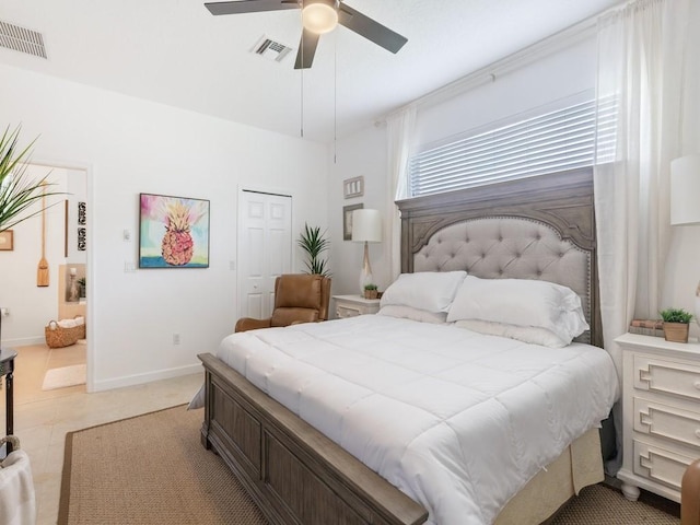 bedroom featuring a closet, connected bathroom, and ceiling fan