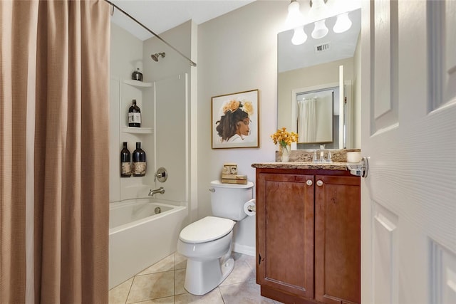 full bathroom with vanity, tile patterned flooring, toilet, shower / bathtub combination with curtain, and visible vents