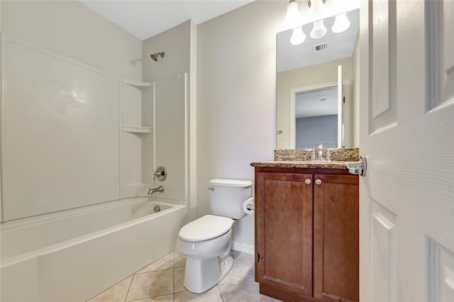 full bathroom with toilet, vanity, tile patterned floors, and shower / washtub combination