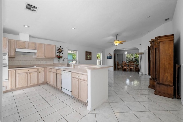 kitchen featuring dishwasher, light brown cabinetry, sink, kitchen peninsula, and ceiling fan