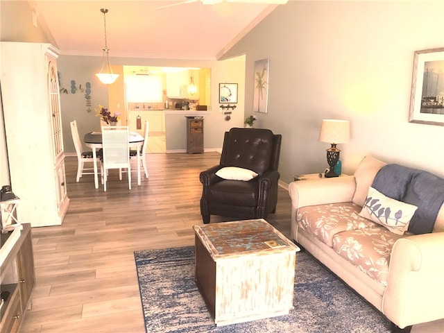 living room featuring hardwood / wood-style floors and vaulted ceiling