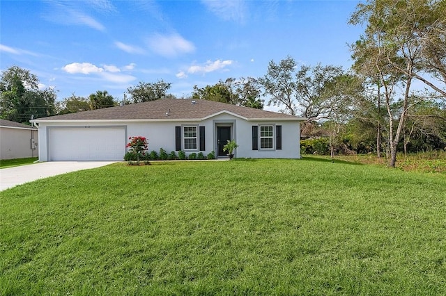 ranch-style home with a front lawn and a garage