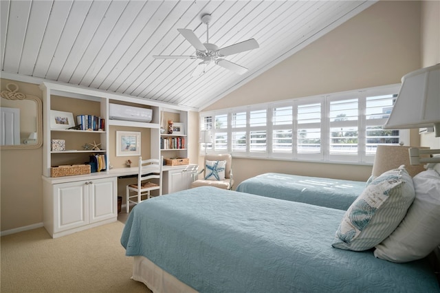 bedroom with ceiling fan, a wall unit AC, built in desk, light carpet, and wooden ceiling