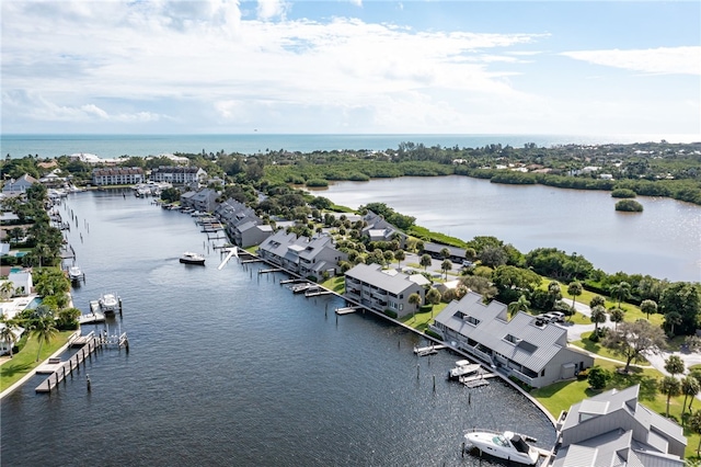 aerial view featuring a water view