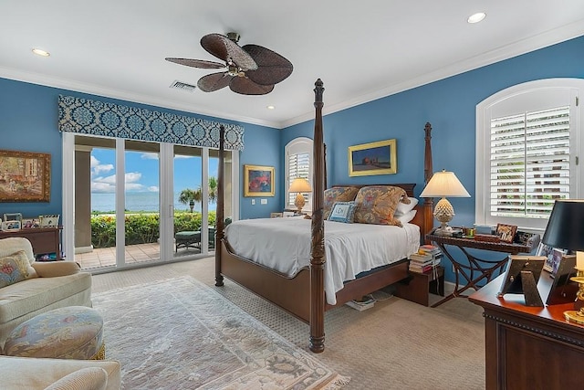 bedroom featuring ceiling fan, light colored carpet, ornamental molding, and access to outside