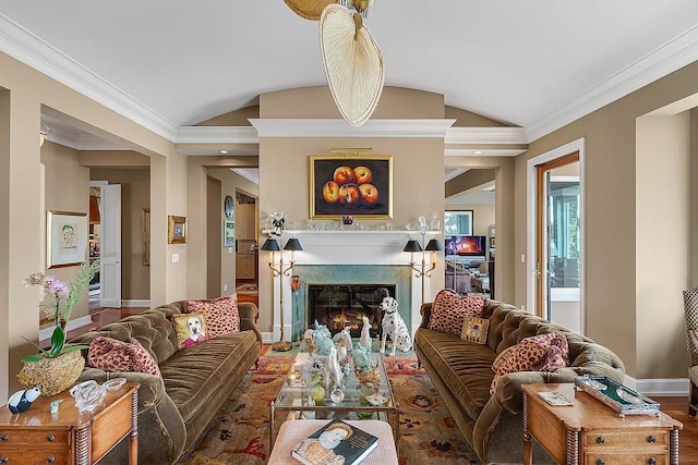 living room with lofted ceiling, dark hardwood / wood-style floors, and ornamental molding