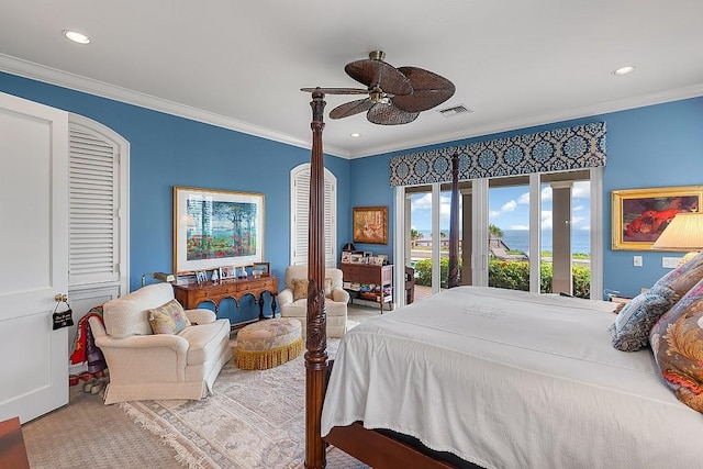 bedroom with access to exterior, crown molding, recessed lighting, and a ceiling fan