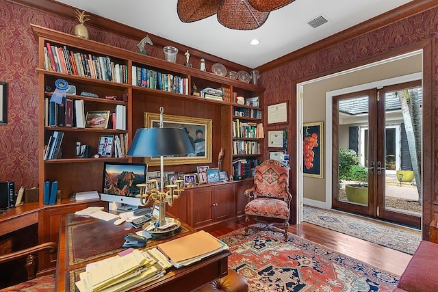 office area with ceiling fan, french doors, and wood-type flooring