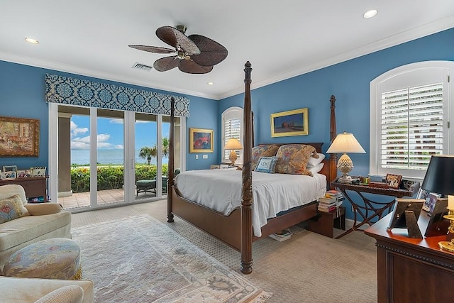 bedroom with carpet, access to exterior, multiple windows, crown molding, and recessed lighting