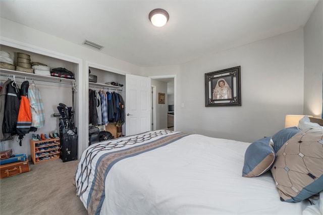 carpeted bedroom featuring two closets