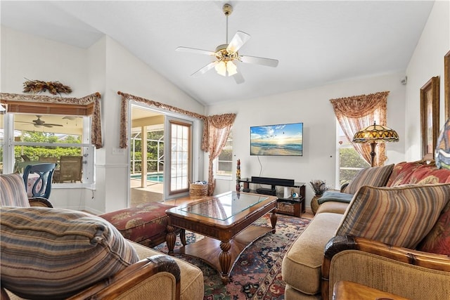 147 Empire Ter, Sebastian, FL 32958 - living room with ceiling fan, baseboards, and lofted ceiling