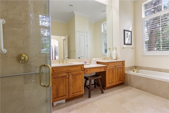 bathroom with vanity, shower with separate bathtub, and crown molding