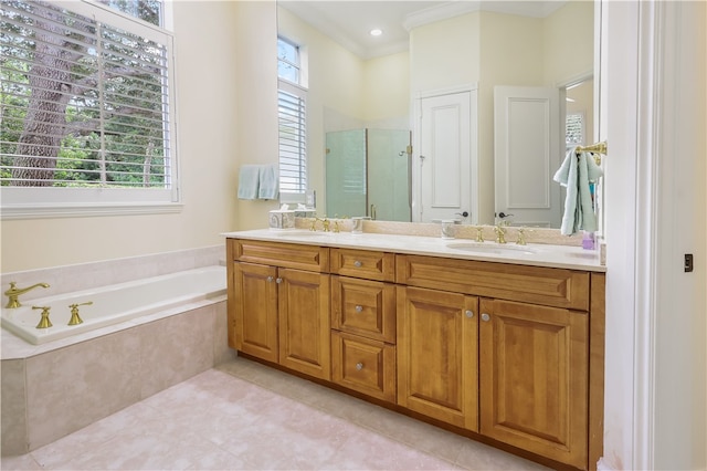 bathroom featuring vanity, shower with separate bathtub, and crown molding