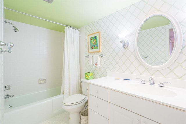 full bath featuring tile patterned flooring, toilet, vanity, tile walls, and shower / bathtub combination with curtain