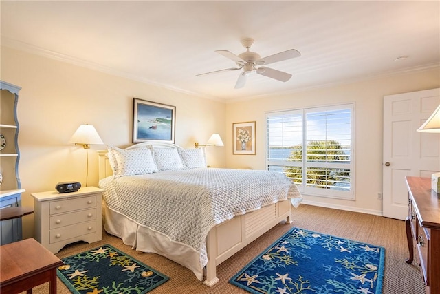 bedroom with baseboards, ceiling fan, and ornamental molding