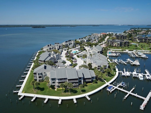 drone / aerial view featuring a water view