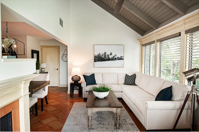 110 Amy Ann Ln, Vero Beach, FL 32963 - tiled living room featuring high vaulted ceiling and wood ceiling with exposed beams