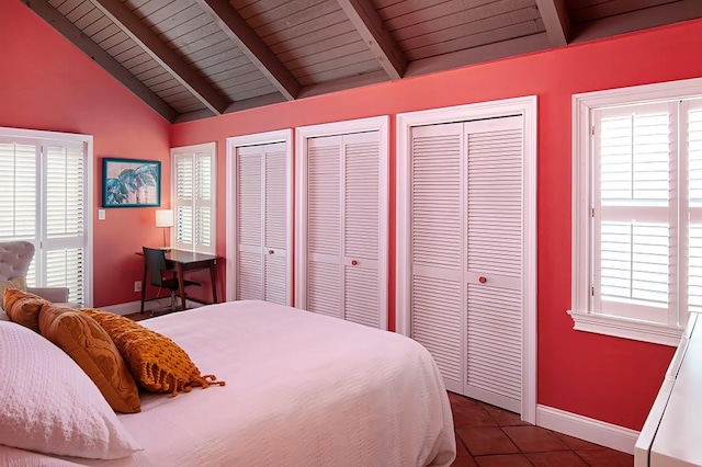 110 Amy Ann Ln, Vero Beach, FL 32963 - tiled bedroom featuring baseboards, two closets, multiple windows, and wooden ceiling