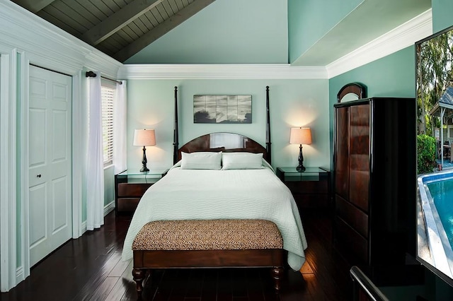 bedroom featuring vaulted ceiling with beams, dark wood-type flooring, wooden ceiling, and a closet