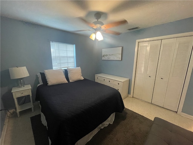 bedroom featuring ceiling fan and a closet